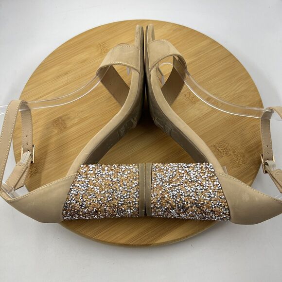 BAMBOO Tan Sandals Size 6.5 Glitter Block Heel Ankle Strap Faux Suede Shoes - Picture 5 of 7